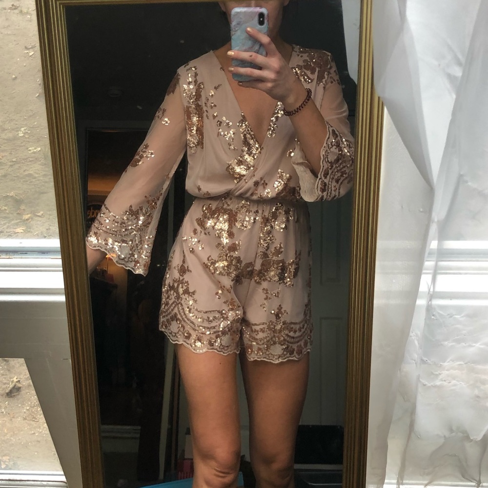 Sequined Beige Romper with Gold Accents - Women